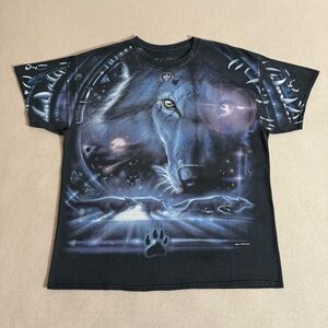 Y2K Liquid Blue Wolf Pack Dream Catcher AOP Nature T-shirt Size XL Streetwear